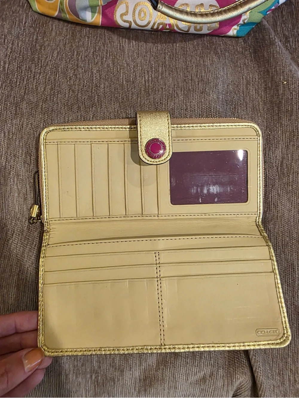 Coach Multicolor Signature Pattern Wallet with Gold Trim